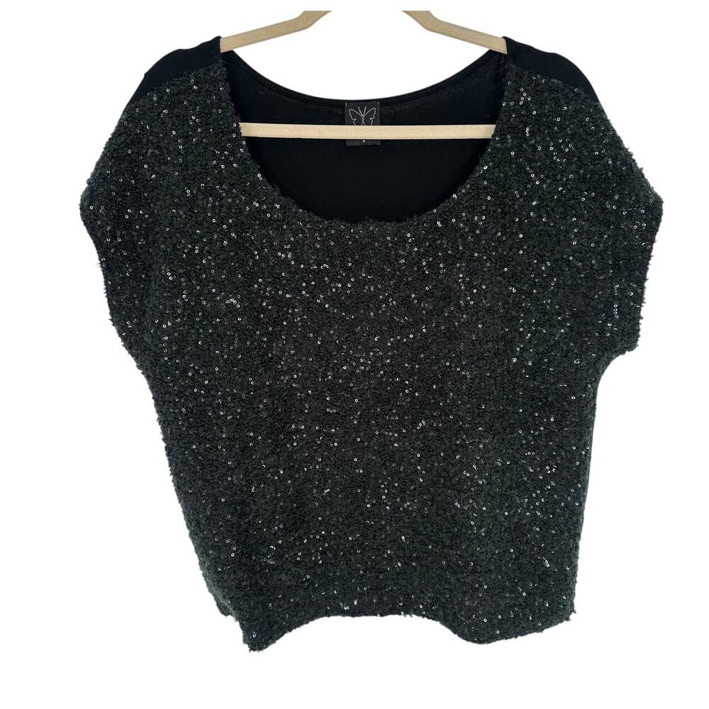Ella Moss Sequin Blouse Womens M Black High Shine Whimsygoth Y2K Going Out Top